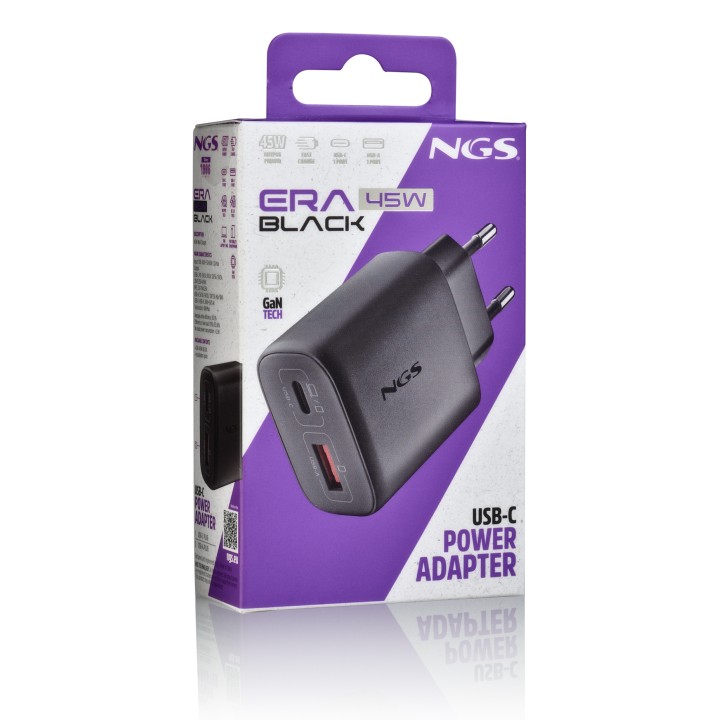 Cargador NGS Era 45W 1USB-A 1USB-C Negro (ERA45WBLACK)