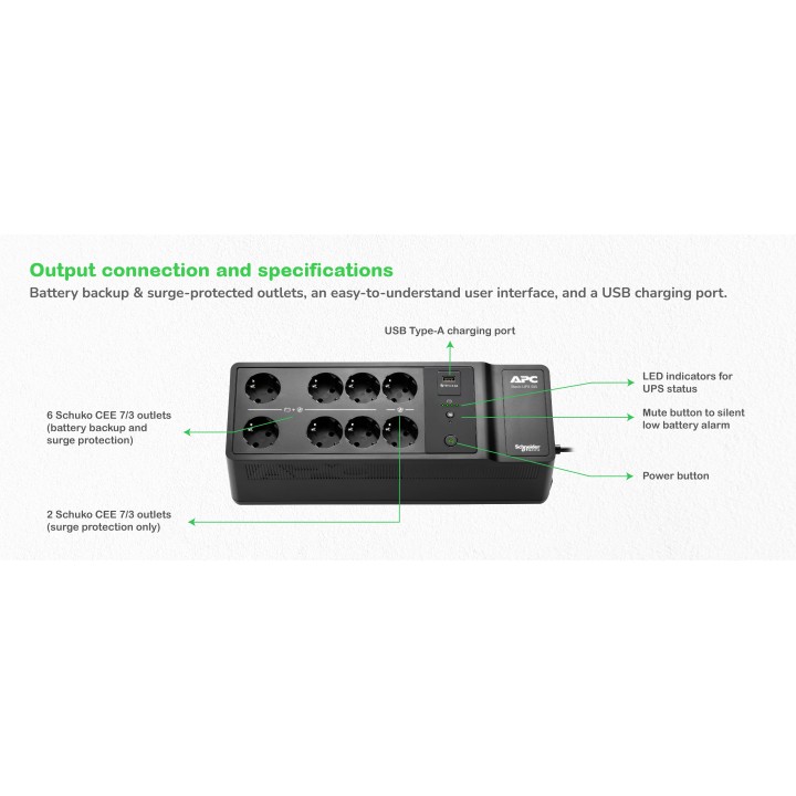 S.A.I. APC 500VA 300W 8xSchuko USB Negra (BE500G2-GR)
