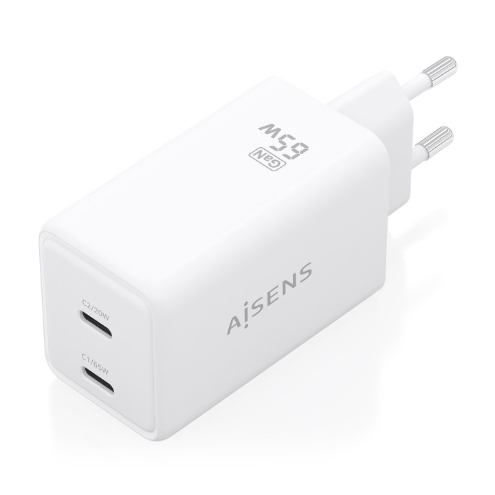 Cargador Pared AISENS GaN 65W 2xUSB-C (ASCH-65W2P078-W)