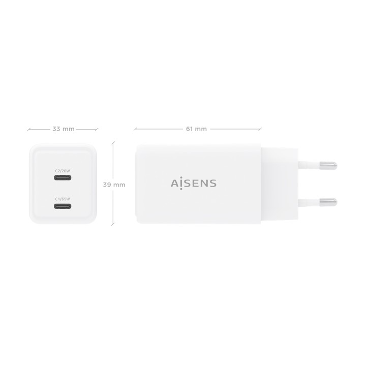 Cargador Pared AISENS GaN 65W 2xUSB-C (ASCH-65W2P078-W)