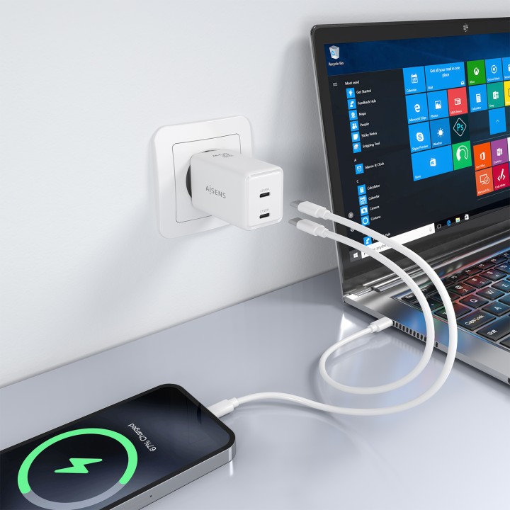 Cargador Pared AISENS GaN 65W 2xUSB-C (ASCH-65W2P078-W)