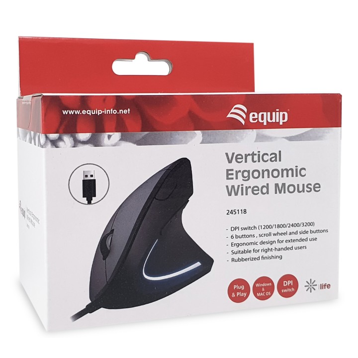 Ratón Vertical EQUIP USB-A 3200dpi Negro (EQ245118)