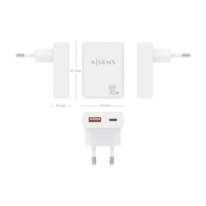 Cargador Pared AISENS GaN 30W USB-A/C (ASCH-30W2P074-W)