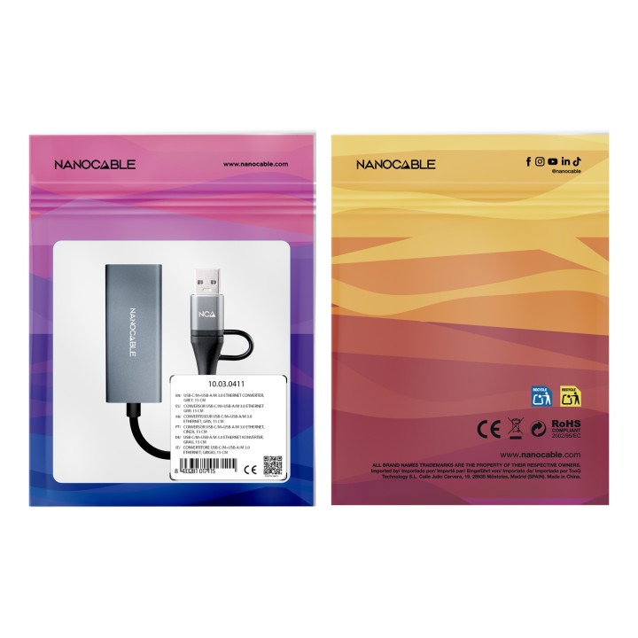 Conversor Nanocable USB-A+USB-C/M a RJ45 (10.03.0411)