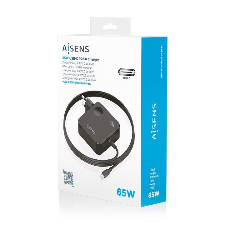Cargador AISENS 65W USB-C 1.5m Negro(ASCH-1PD65WL80-BK)