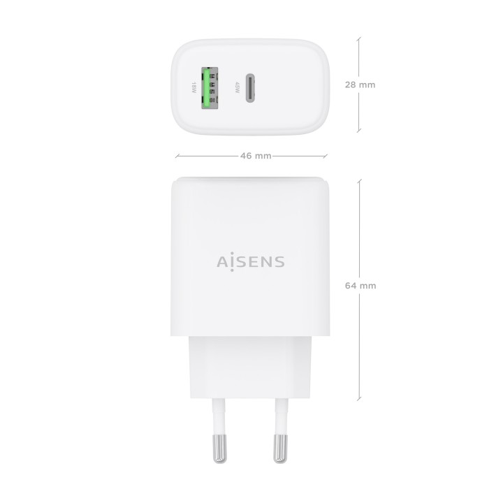 Cargador Pared AISENS 45W USB-A USB-C Blanco(A110-0971)