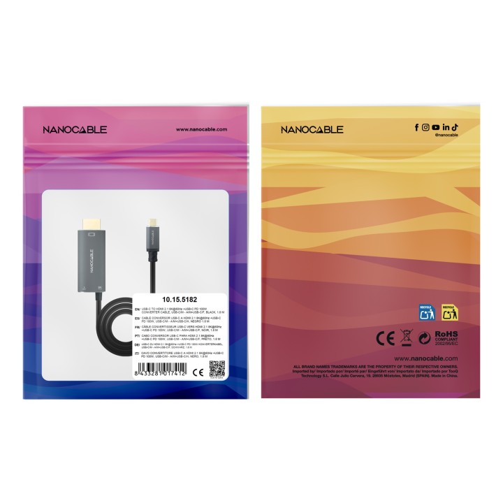 Nanocable USB-C a HDMI+USB-C 1.8m Negro (10.15.5182)