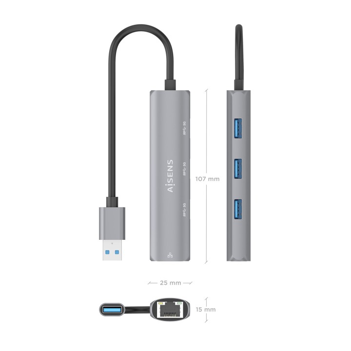 Hub AISENS USB-A a 3xUSB-A/1xRJ45 Gris (ASUC-4P034-GR)