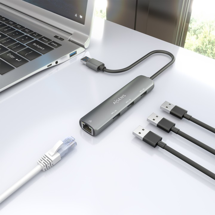 Hub AISENS USB-A a 3xUSB-A/1xRJ45 Gris (ASUC-4P034-GR)