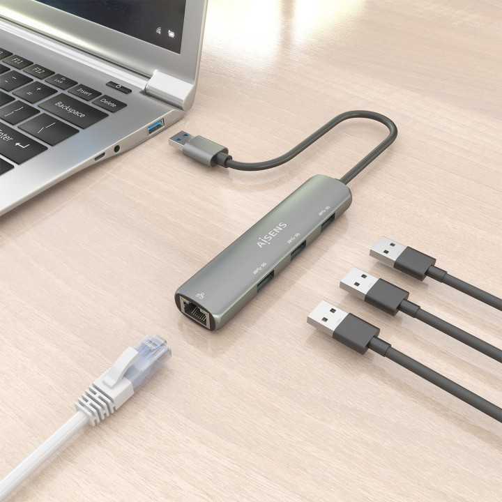 Hub AISENS USB-A a 3xUSB-A/1xRJ45 Gris (ASUC-4P034-GR)