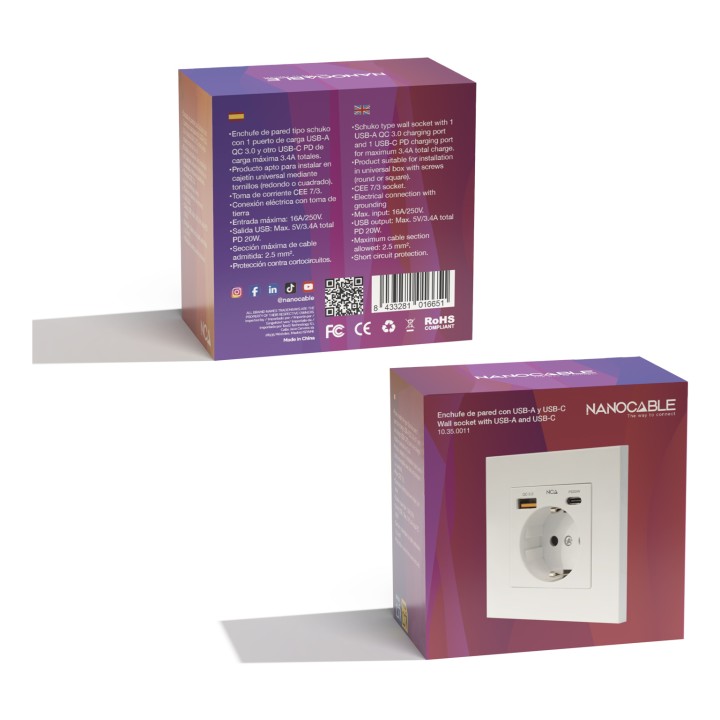 Enchufe Pared Nanocable Schuko/USB-A/USB-C (10.35.0011)