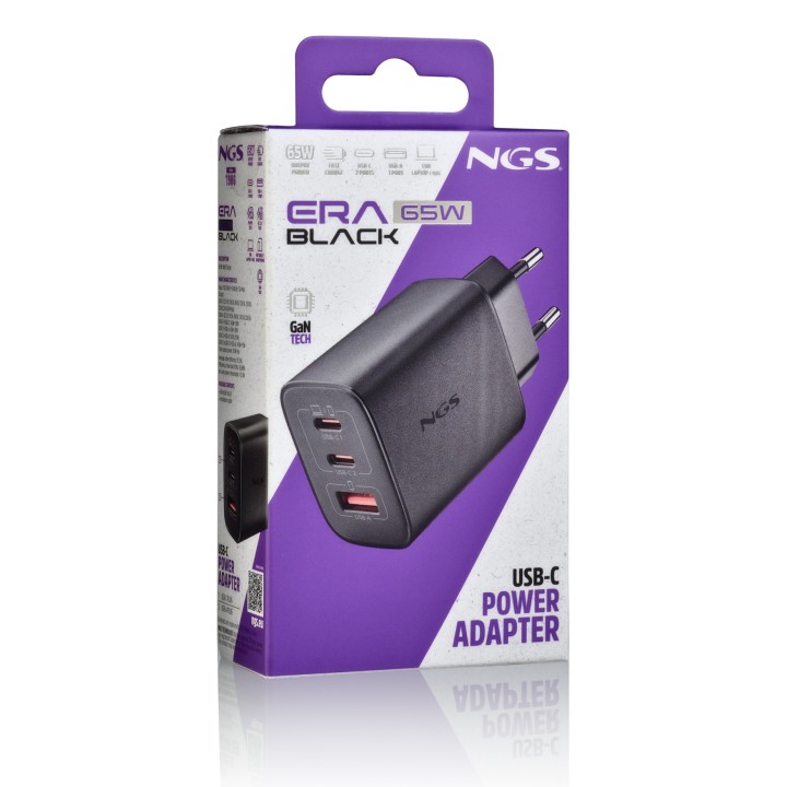 Cargador NGS Era 65W 1USB-A 2USB-C Negro (ERA65WBLACK)