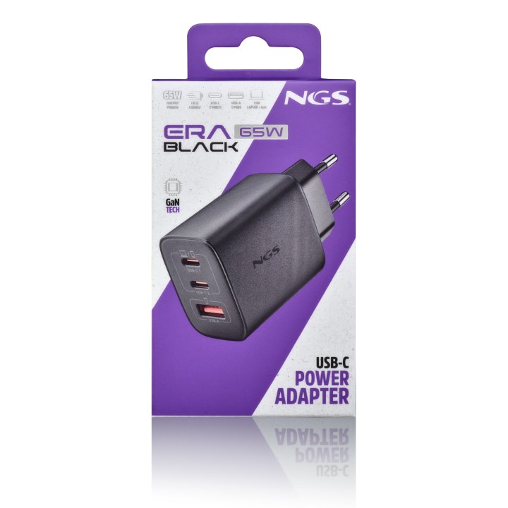Cargador NGS Era 65W 1USB-A 2USB-C Negro (ERA65WBLACK)