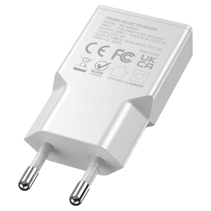 Cargador Pared Mars Gaming 30W USB-A/C Blanco(MDGAN30W)