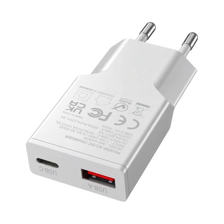 Cargador Pared Mars Gaming 30W USB-A/C Blanco(MDGAN30W)