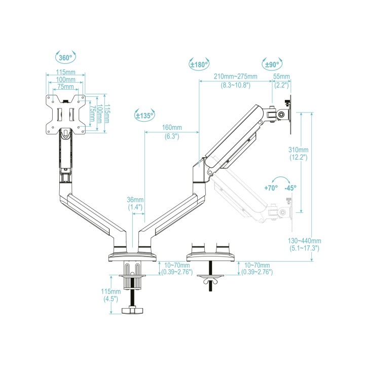 Soporte Mesa TooQ 13"-34" 2 Brazos Blanco (DB1434TNR-W)