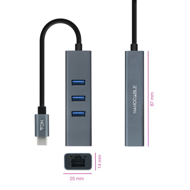 Nanocable Hub USB-C a Ethernet Gigabit + 3x USB 3.0 Aluminio