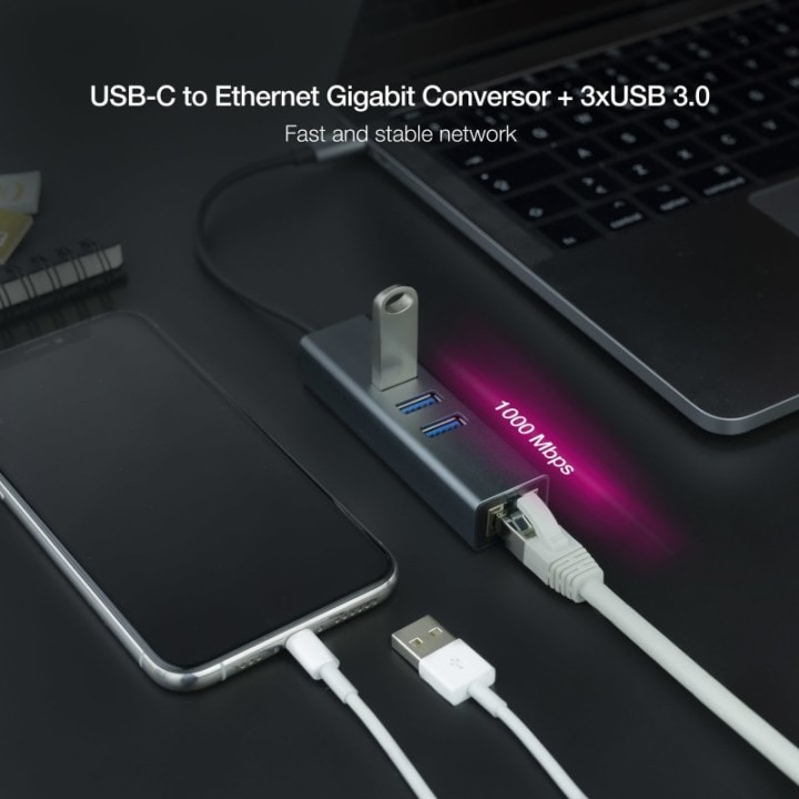 Nanocable Hub USB-C a Ethernet Gigabit + 3x USB 3.0 Aluminio