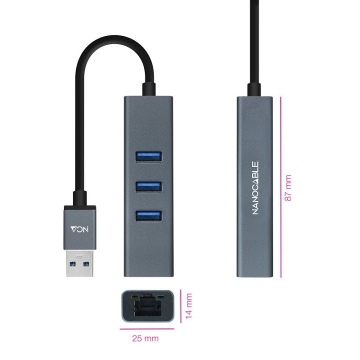 Nanocable Hub USB 3.0 a Ethernet Gigabit +3x USB 3.0 Aluminio