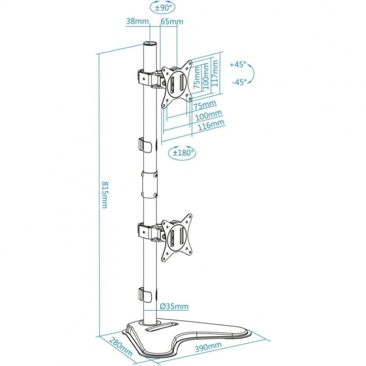 TooQ Soporte Vertical Inclinable Giratorio para 2 Monitores 17"-32" VESA 100x100 Máx. 9Kg