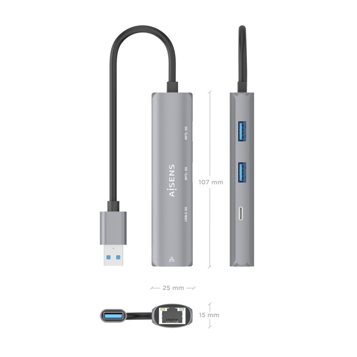 Hub AISENS USB-A a 2USB-A/1USB-C/1RJ45 (ASUC-4P035-GR)