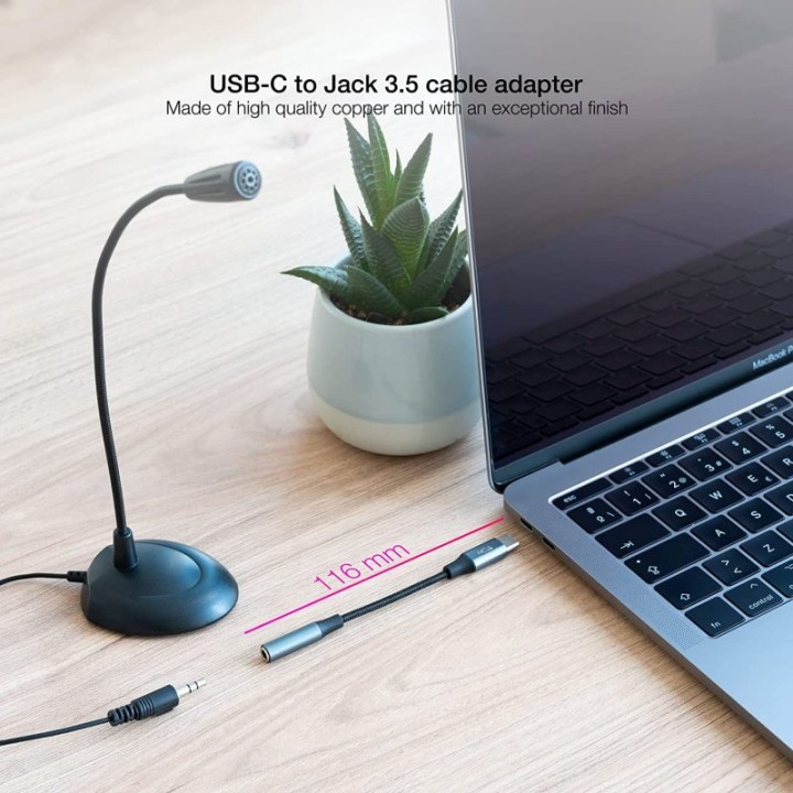 Nanocable Adaptador de Audio USB-C a Jack 3.5 Macho/Hembra 11cm Gris/Negro