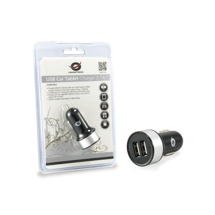 Cargador CONCEPTRONIC Coche 2xUSB 2.0 Negro (CUSBCAR2A)