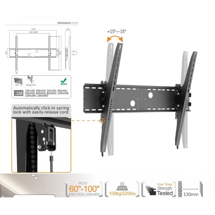 Soporte Pared EQUIP 60-100" Inclinable 100Kg (EQ650322)