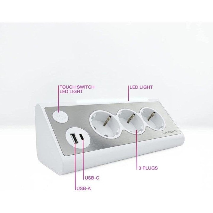Nanocable Regleta de Sobremesa con Interruptor 3 Tomas Schuko + 2 USB 1.5m