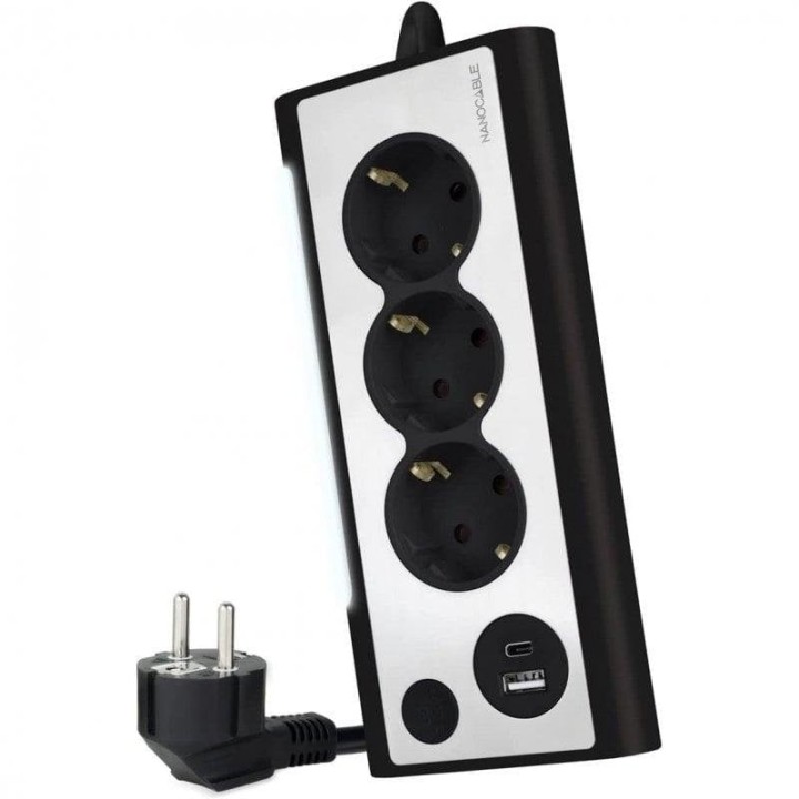 Nanocable Regleta de Sobremesa con Interruptor 3 Tomas Schuko + 2 USB 1.5m Plata/Negro