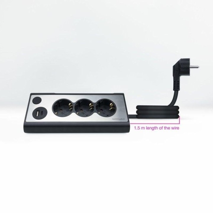 Nanocable Regleta de Sobremesa con Interruptor 3 Tomas Schuko + 2 USB 1.5m Plata/Negro