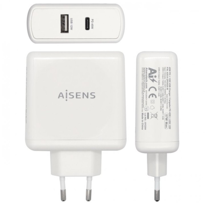 Aisens ASCH-2PD45A-W Cargador de Pared USB 2.0/USB-C 57W Blanco