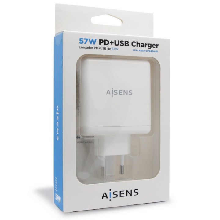Aisens ASCH-2PD45A-W Cargador de Pared USB 2.0/USB-C 57W Blanco