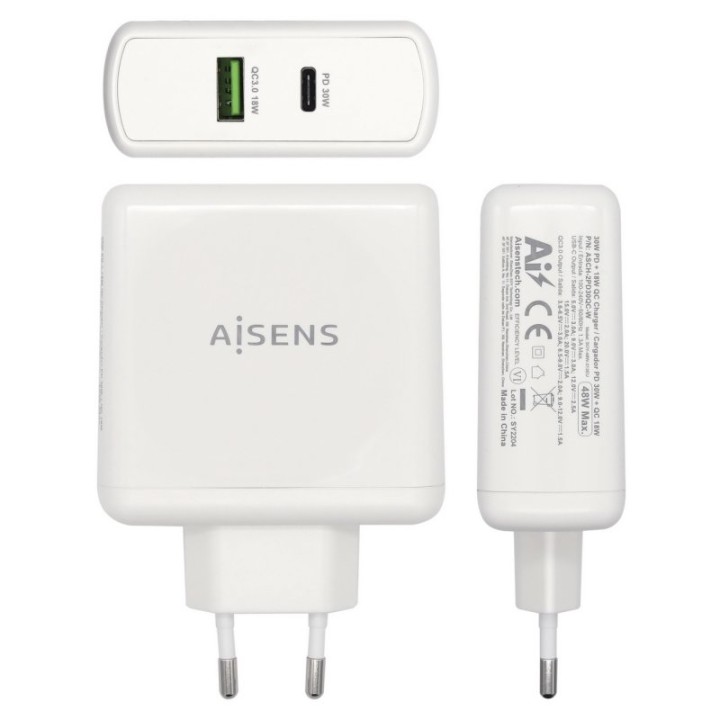 Aisens ASCH-2PD30QC-W Cargador de Pared USB 2.0/USB-C 48W Blanco