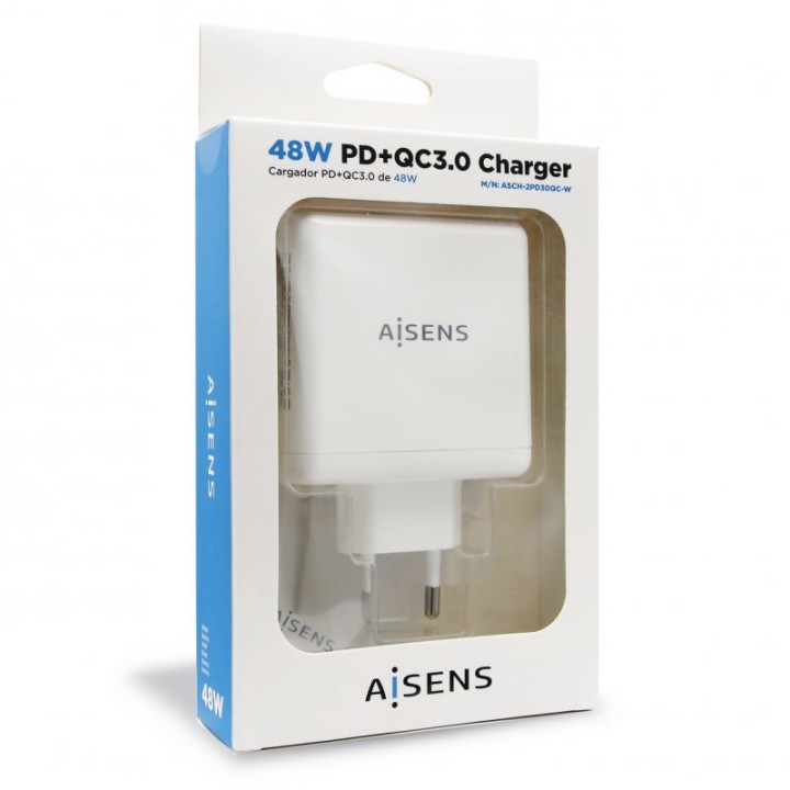 Aisens ASCH-2PD30QC-W Cargador de Pared USB 2.0/USB-C 48W Blanco