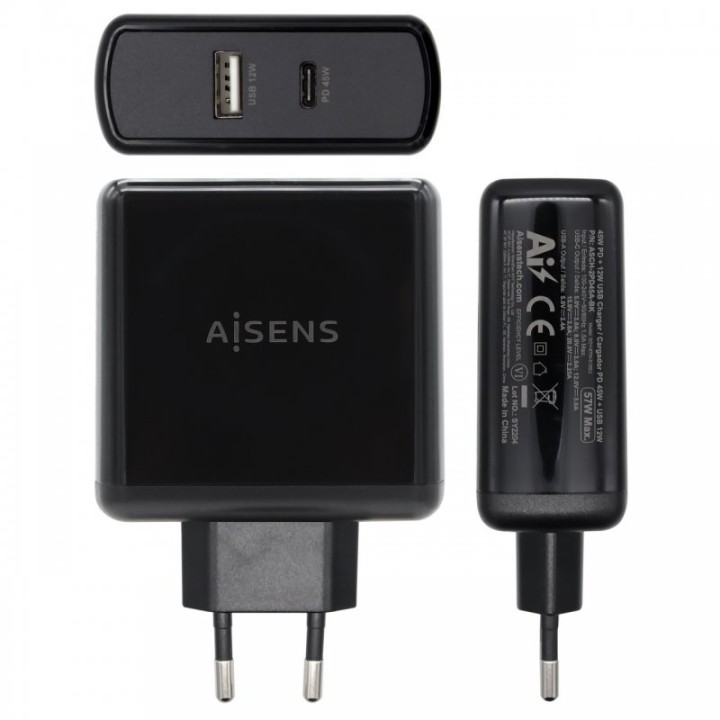 Aisens ASCH-2PD45A-BK Cargador de Pared USB 3.0/USB-C 57W Negro