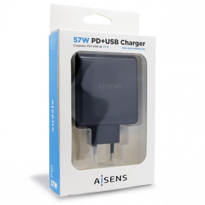 Aisens ASCH-2PD45A-BK Cargador de Pared USB 3.0/USB-C 57W Negro