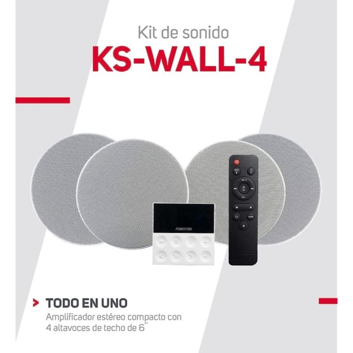 Fonstar KS-WALL 4 Kit Amplificador de Pared y 4 Altavoces de Techo Bluetooth/USB/FM/AUX