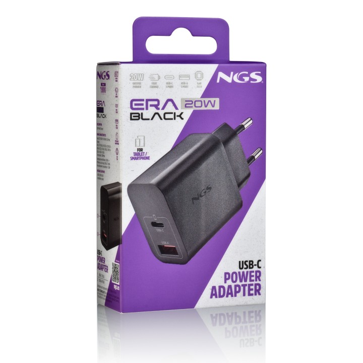 Cargador NGS GaN 20W 1USB-A 1USB-C Negro (ERA20WBLACK)