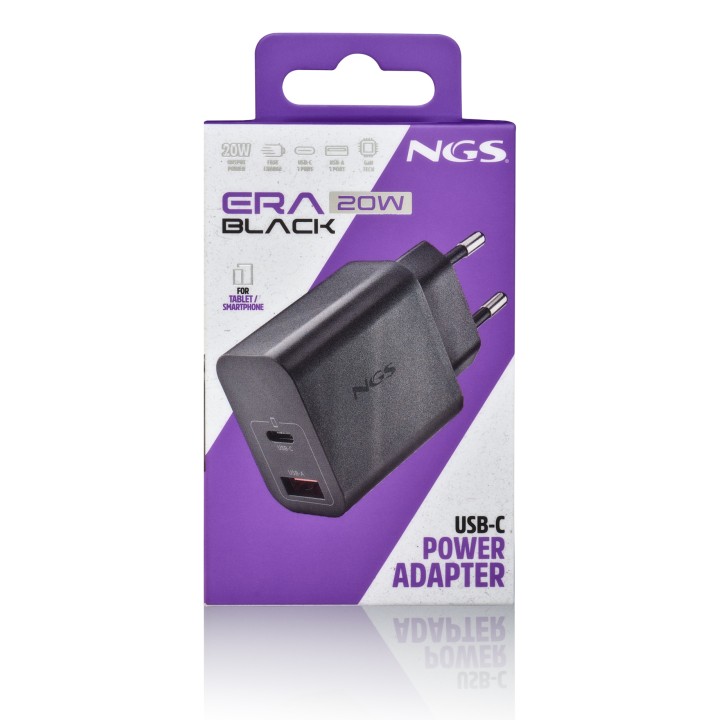 Cargador NGS GaN 20W 1USB-A 1USB-C Negro (ERA20WBLACK)
