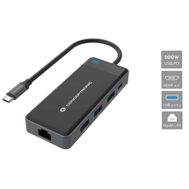 Conceptronic DONN14G Docking Station 7 en 1 USB-C 3.2 Gen1 a HDMI/USB-C PD 100W/USB-A/RJ-45 Gigabit