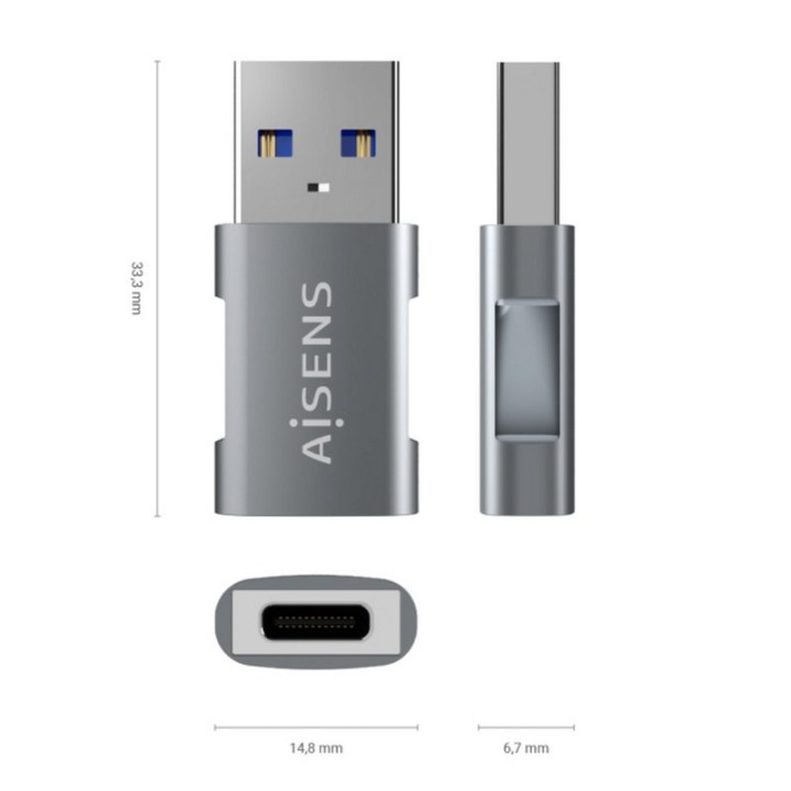 Aisens Mini Adaptador USB 3.2 Gen2 a USB -C Macho/Hembre Gris