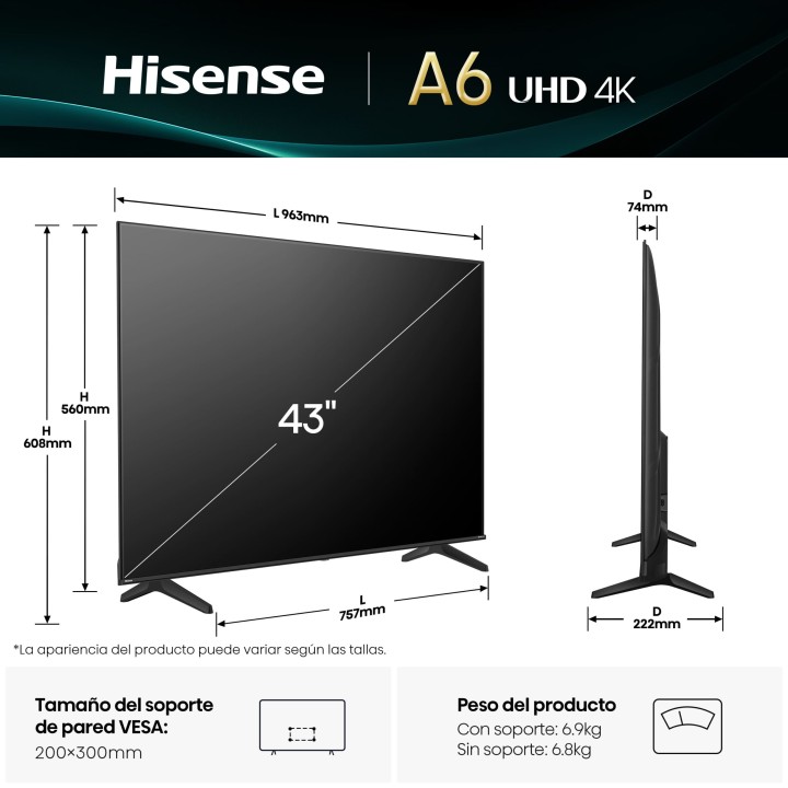 TV Hisense 43" 4K UHD 4K WiFi Smart TV Negro (43A6Q)