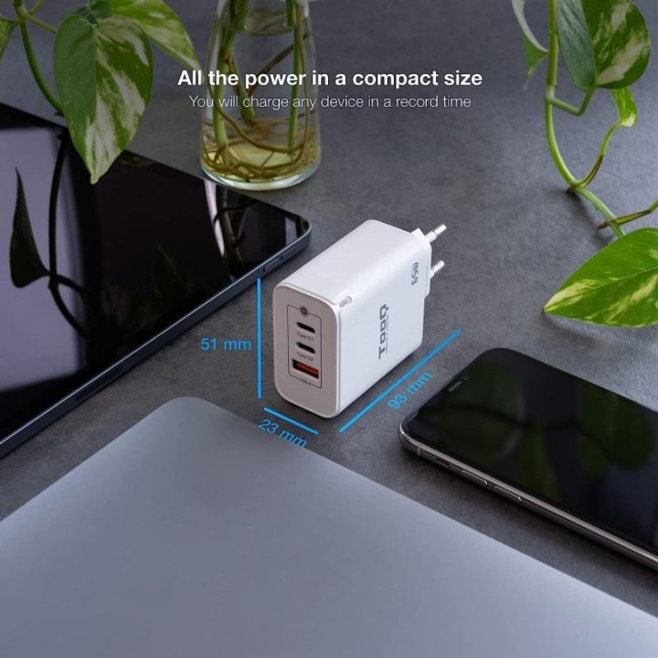 TooQ TQWC-GANQC2PD65WT Cargador de Pared 2xUSB-C/USB 2.0 65W Blanco