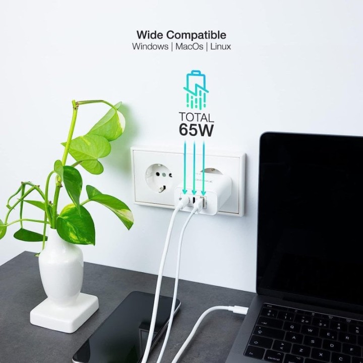 TooQ TQWC-GANQC2PD65WT Cargador de Pared 2xUSB-C/USB 2.0 65W Blanco