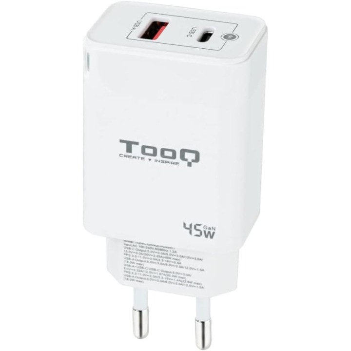 TooQ TQWC-GANQCPD45WT Cargador de Pared Dual USB-C/USB 2.0 45W Blanco