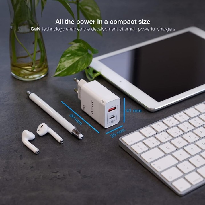TooQ TQWC-GANQCPD45WT Cargador de Pared Dual USB-C/USB 2.0 45W Blanco