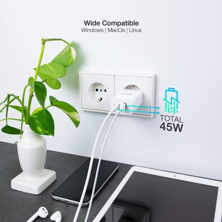 TooQ TQWC-GANQCPD45WT Cargador de Pared Dual USB-C/USB 2.0 45W Blanco