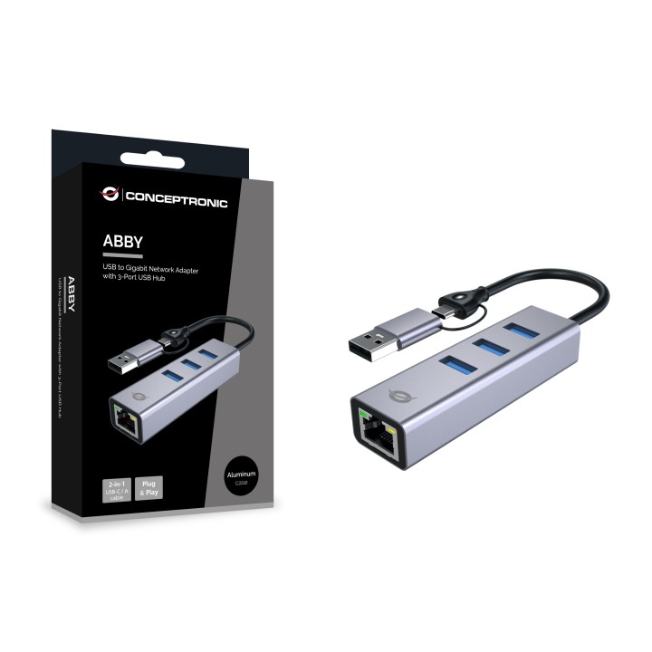 Adaptador CONCEPTRONIC USB-A/C a 3USB-A/1RJ45 (ABBY25G)