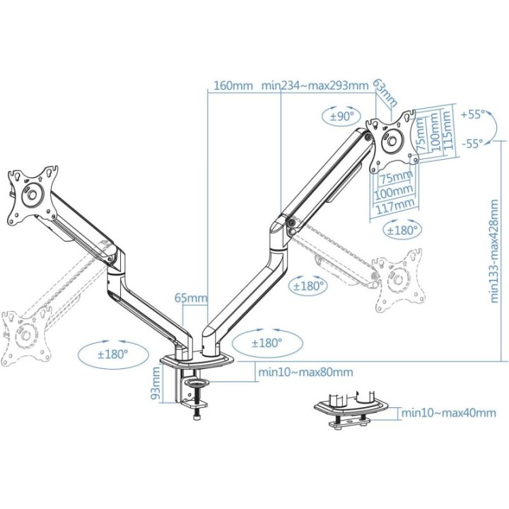 TooQ DB4132TNR-W Soporte de Mesa Giratorio/Inclinable para 2 Monitores 17"-25" VESA 100x100 Máx 9Kg